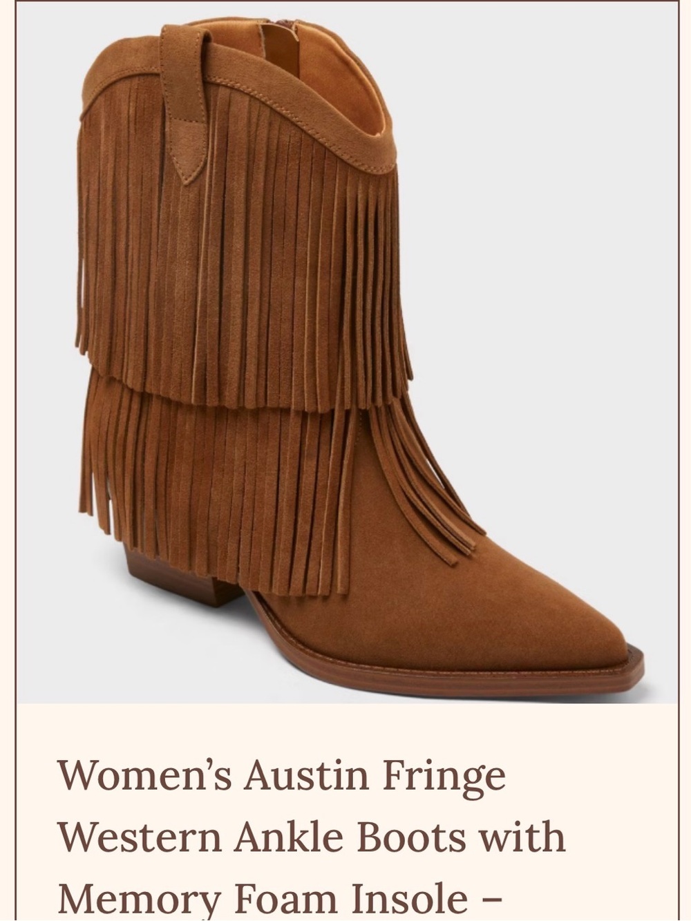 Suede Fringe Western Boot Tan Memory Foam Insole Size 10 BRAND NEW with Tags